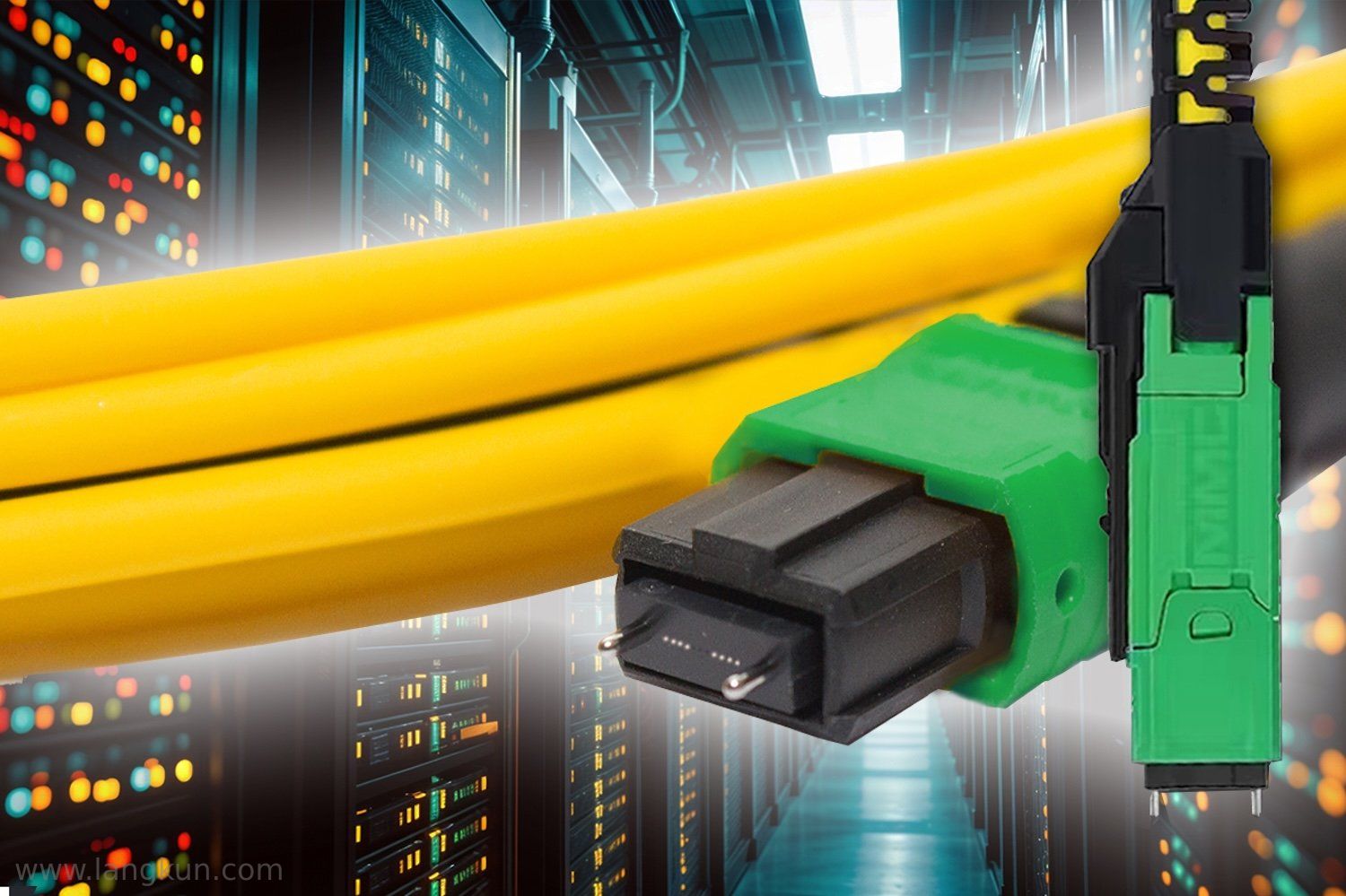 MPO connectors and network cables in front of a backdrop of data center server racks.