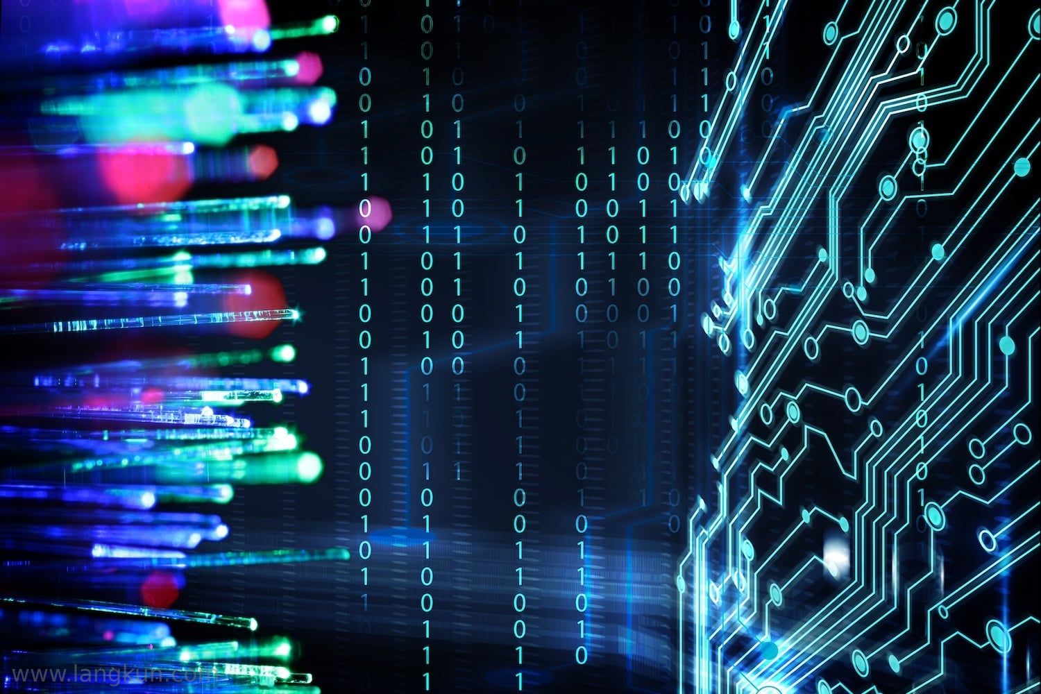 Abstract image of fiber technology with data bits and circuit board