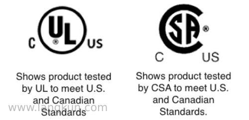 Two certification organization logos in black and white: UL (left) and CSA (right).
