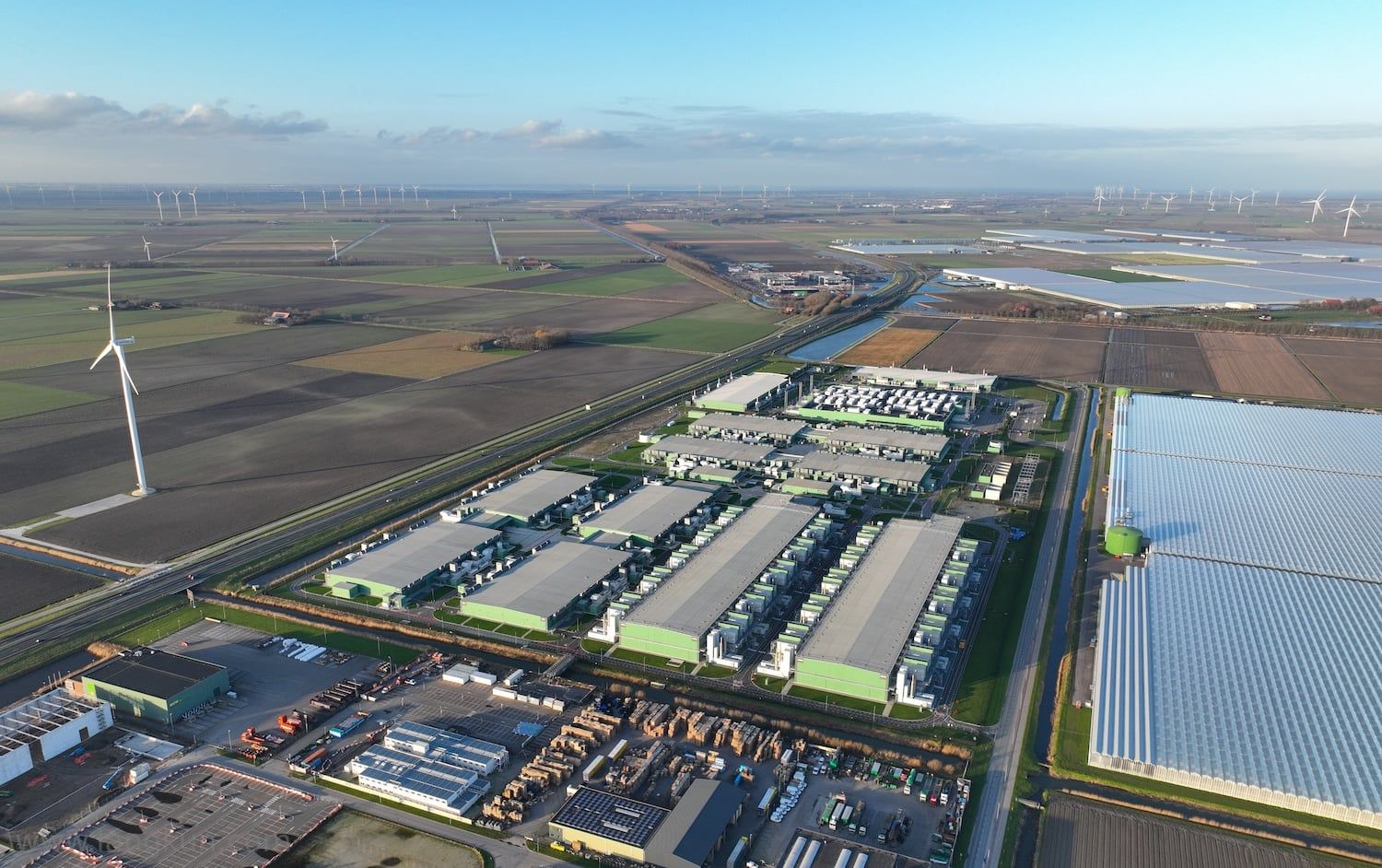 Aerial view of a large hyperscale data center.