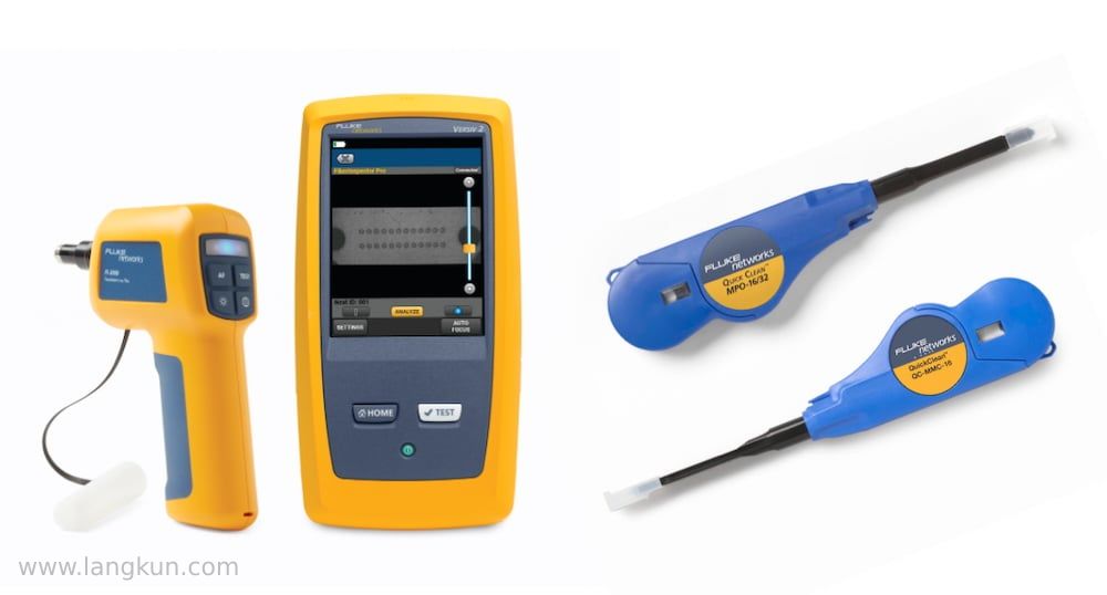 Fluke Networks FI-3000 FiberInspector Ultra 摄像头和快速清洁 MPO 和 MMC 清洁剂的图片。